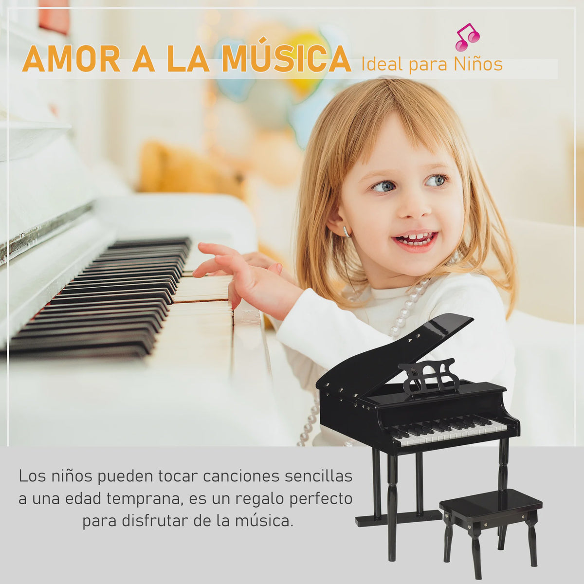 Homcom Grand Piano with Stand Stool Wooden Musical Toy 52X50X49 cm