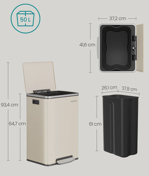 50L RVS Prullenbak met Soft-Close Deksel, Verwijderbare Binnenemmer & Handgrepen