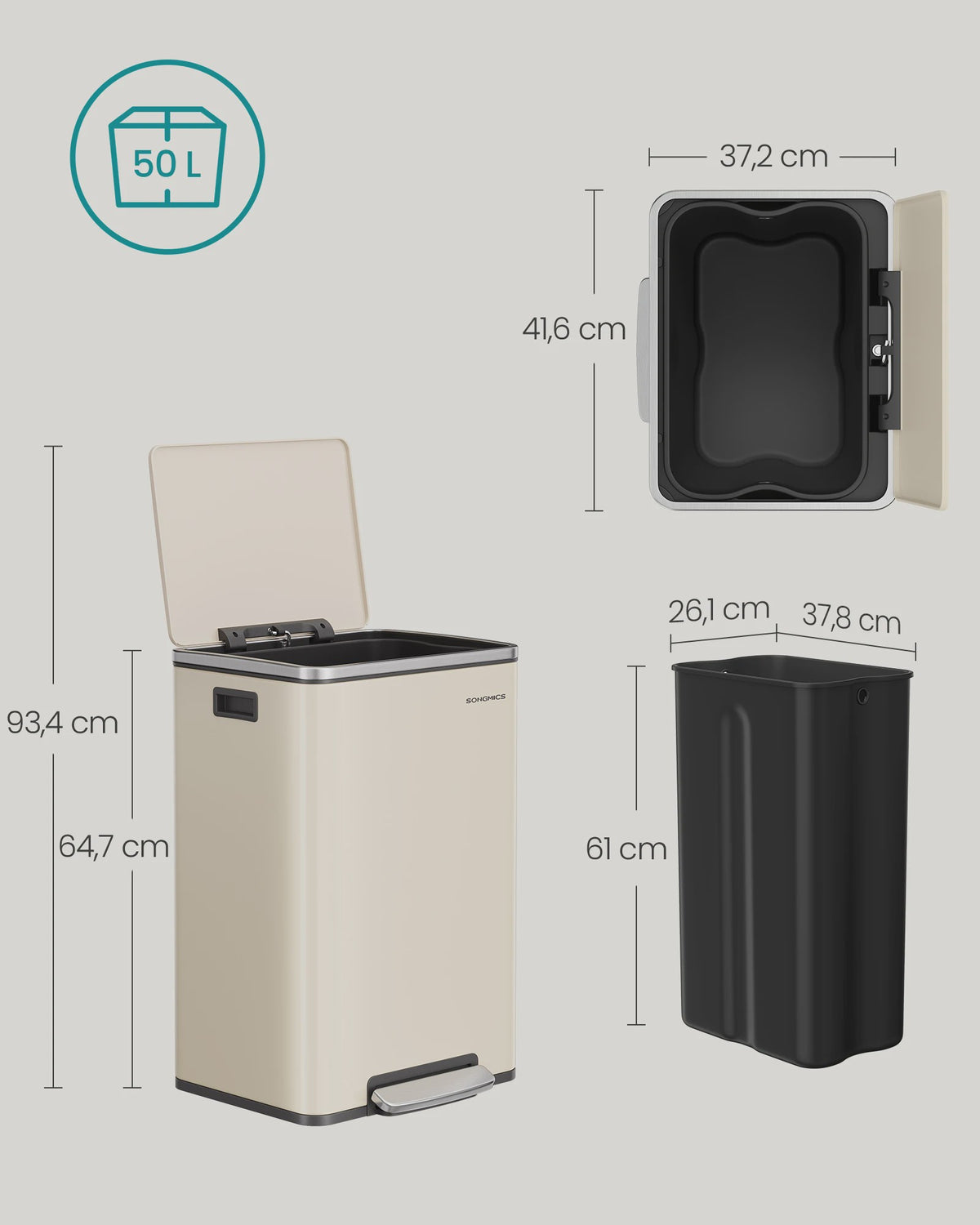 50L RVS Prullenbak met Soft-Close Deksel, Verwijderbare Binnenemmer & Handgrepen