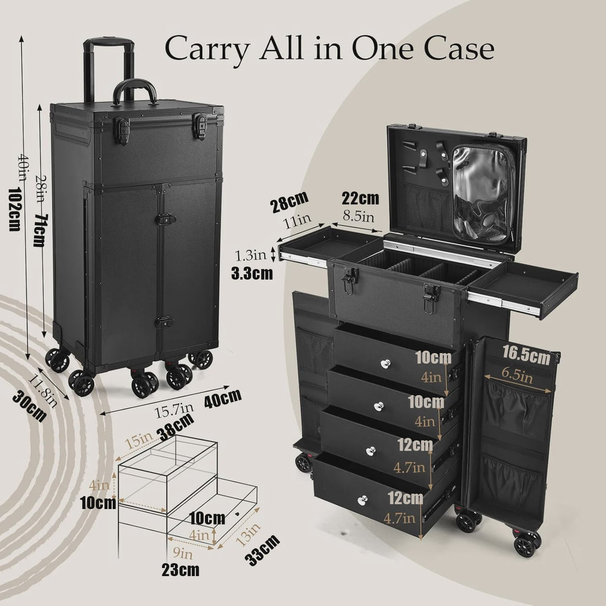 Professionele Make-up Trolley met Uitschuifbare Tafel en Wielen