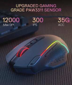 Redragon M810 MAX Gaming Muis: 3-Mode Draadloos, 12000 DPI, RGB, 8 Macro Knoppen