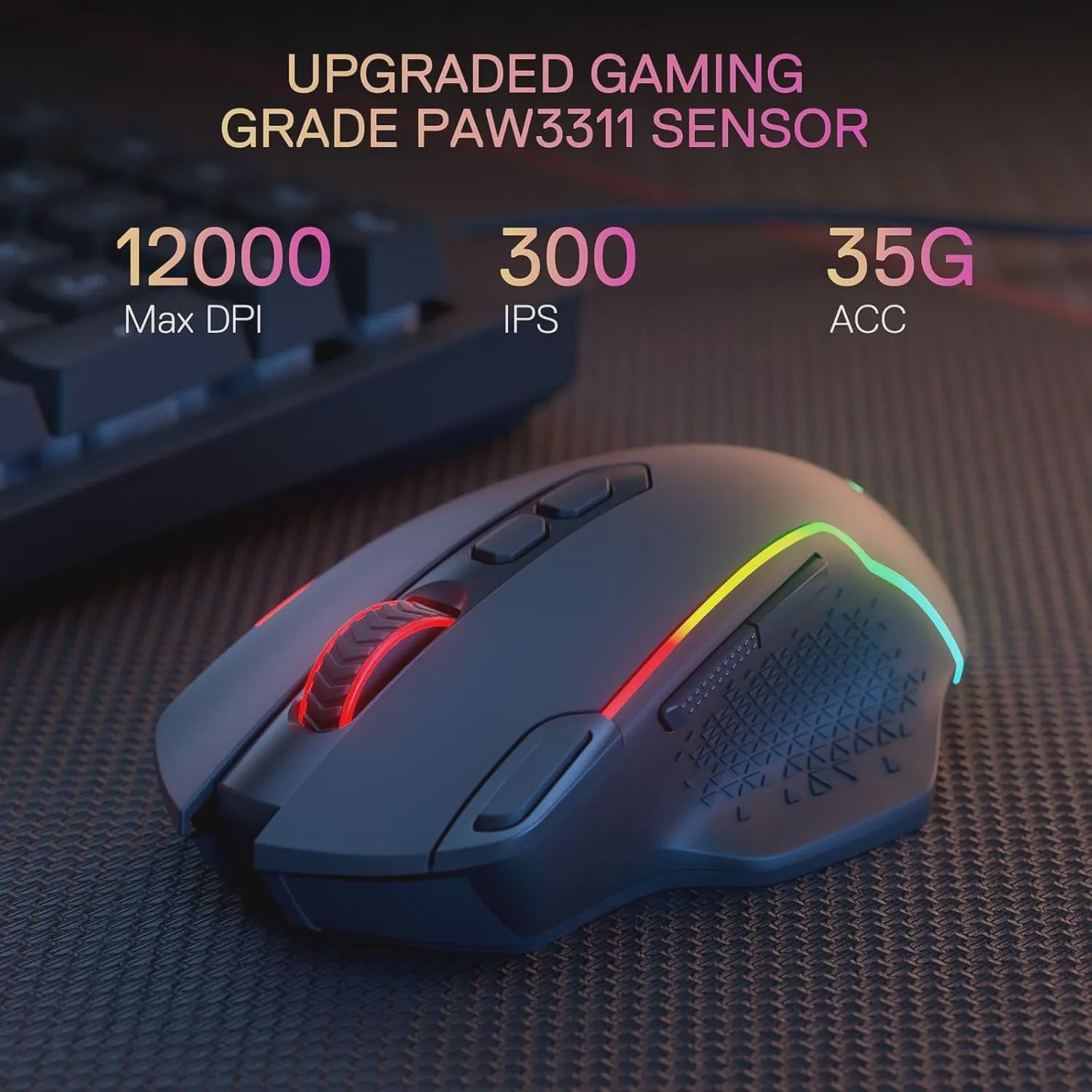 Redragon M810 MAX Gaming Muis: 3-Mode Draadloos, 12000 DPI, RGB, 8 Macro Knoppen