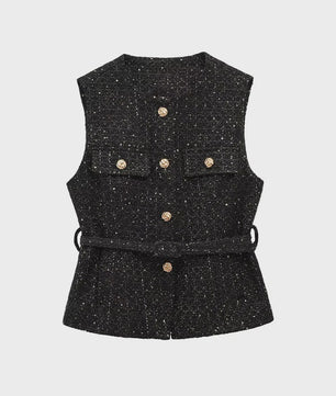 Chic Dames Gilet van Tweed met Riem - Mouwloos & Stijlvol Bovenstuk