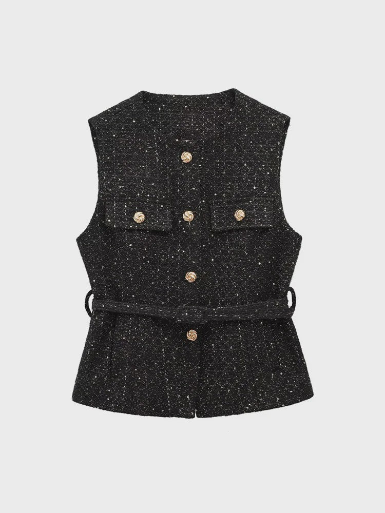 Chic Dames Gilet van Tweed met Riem - Mouwloos & Stijlvol Bovenstuk