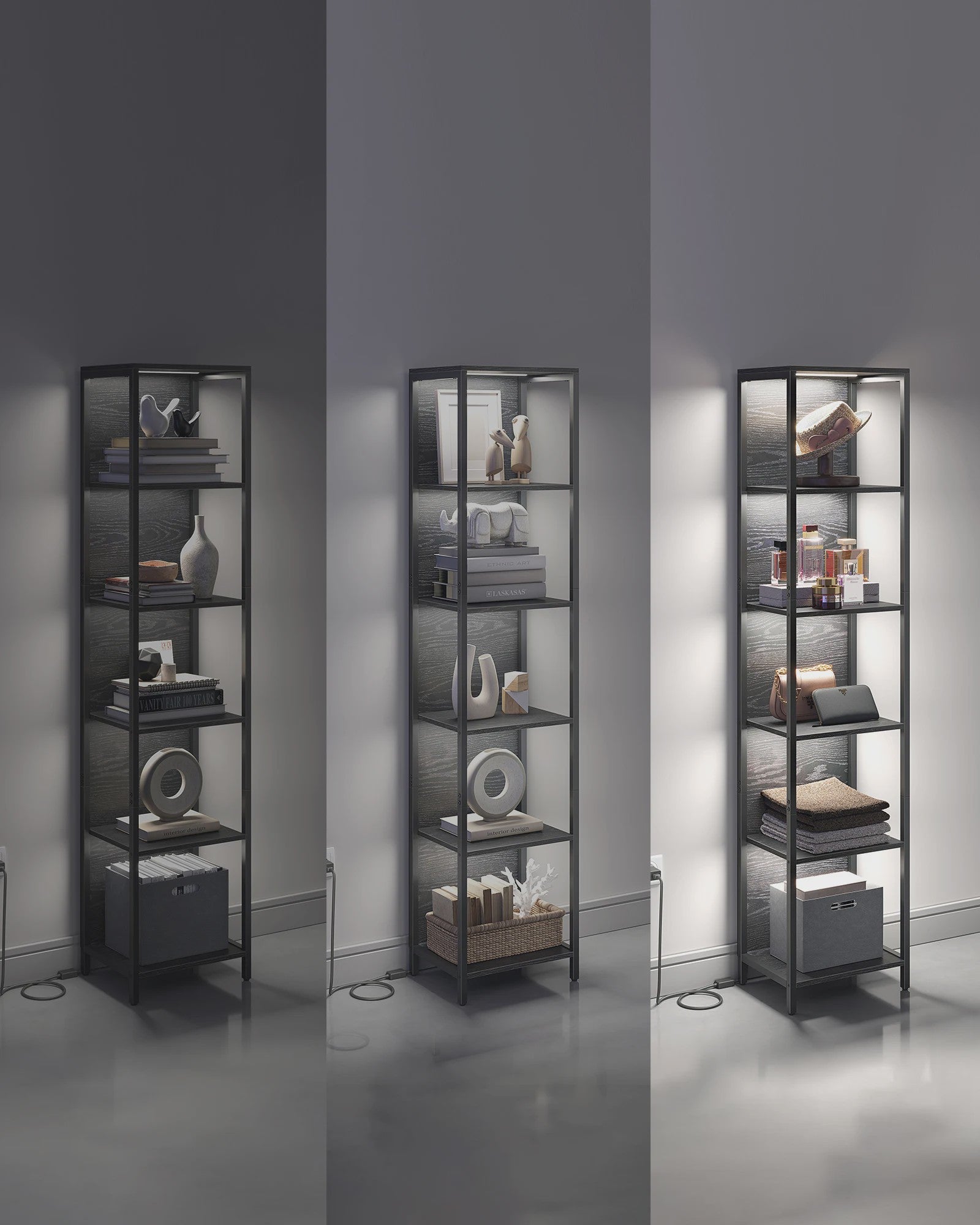 VASAGLE 6-laags Boekenkast met Verstelbare LED Verlichting en Stalen Frame - 30.3x40x178.6 cm