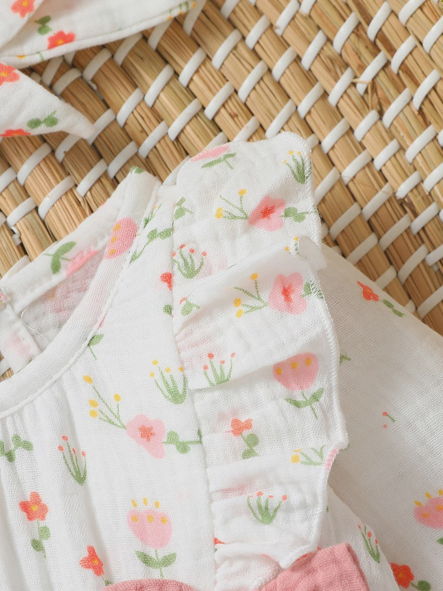 Schattige Baby Meisjes Jumpsuit met Bloemenprint, Lange Mouwen, Strikjes & Hoofdband - 0-6 Maanden