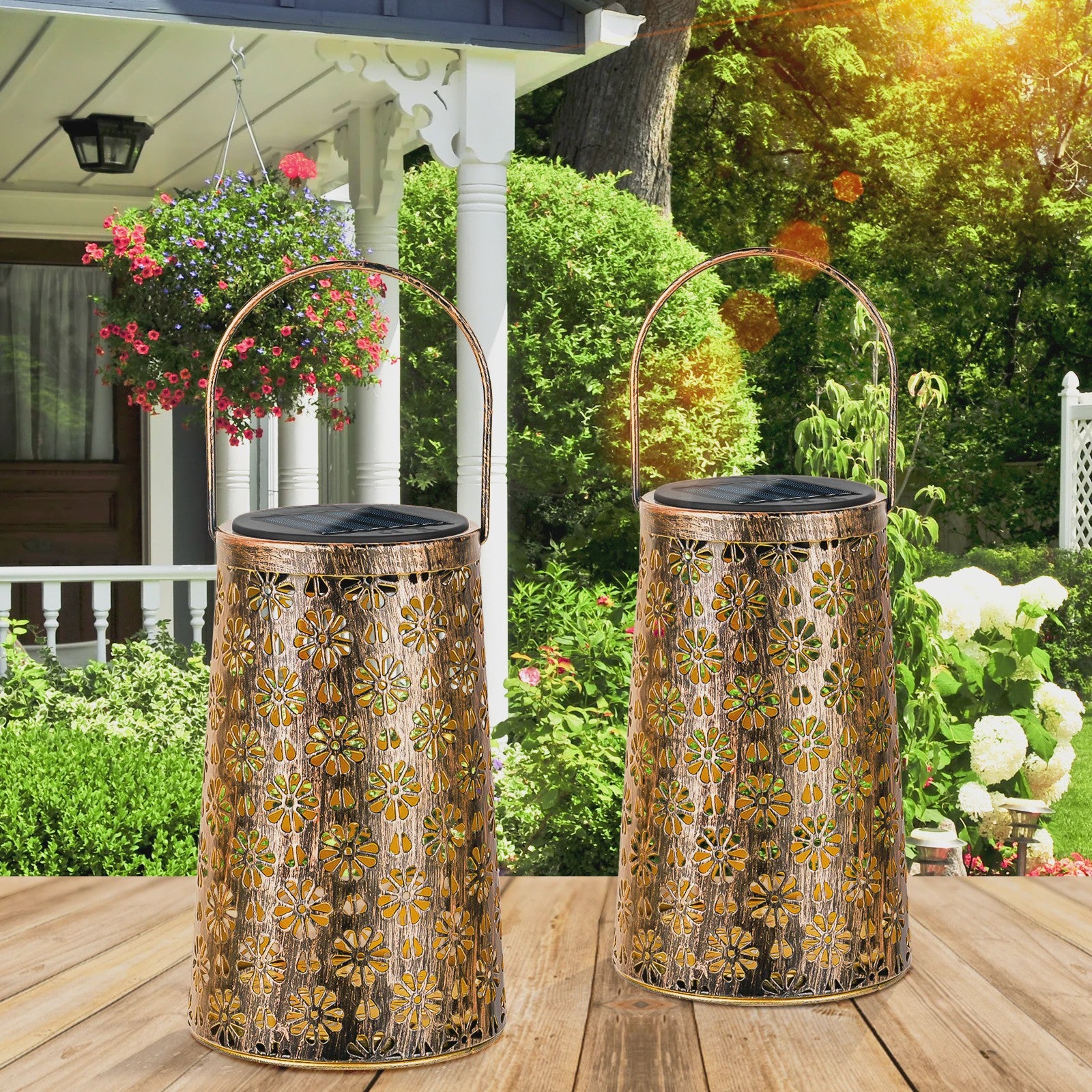 Set Zonne-energie Buitenlantaarns - Decoratieve Metalen Hanglampen voor Tuin, Terras & Pad