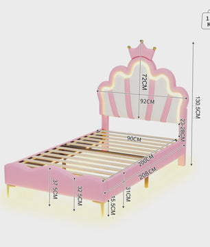 Betoverend Prinsessenbed 90x200cm met Kroon Hoofdbord, LED Verlichting en Lattenbodem