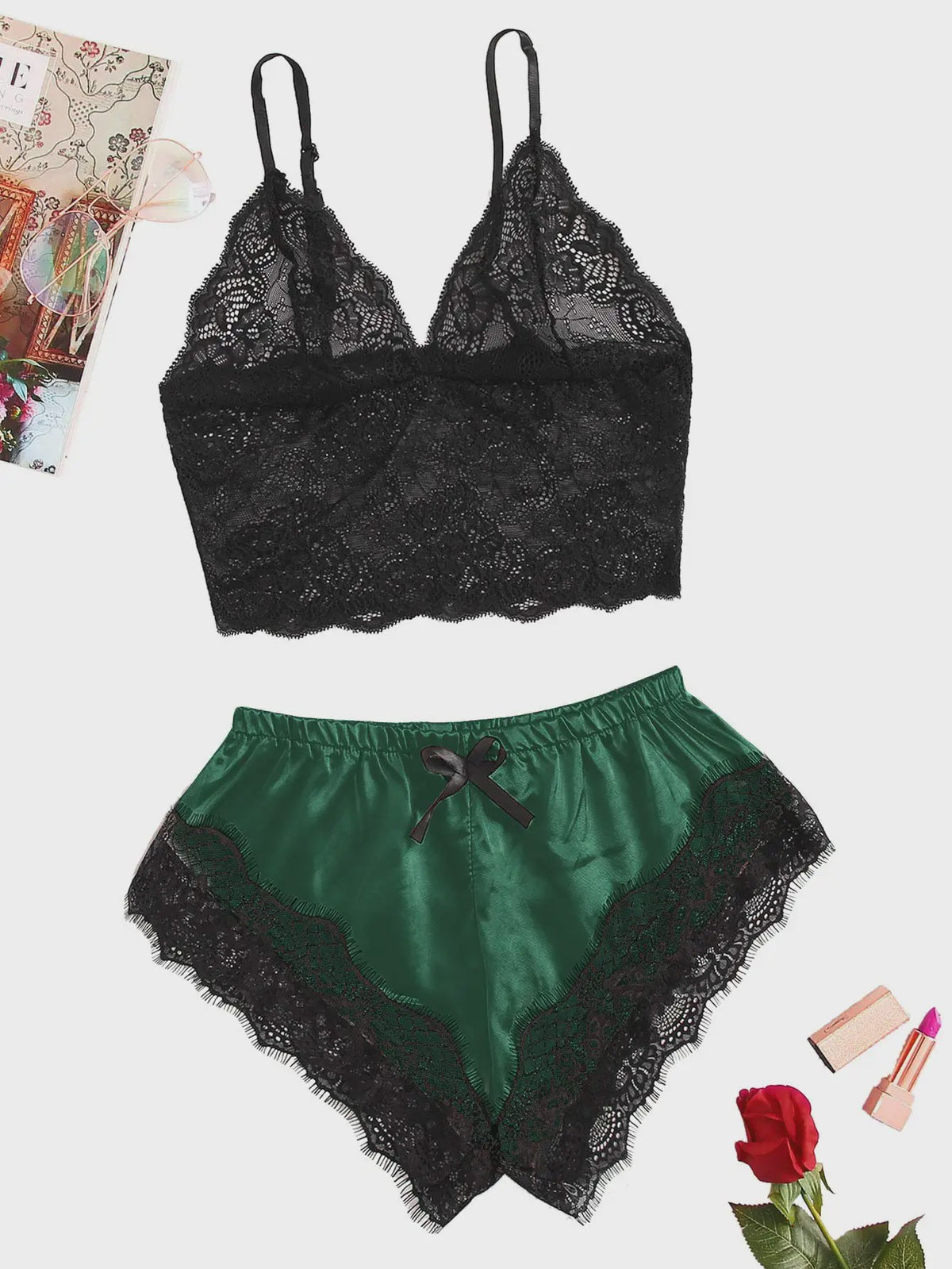 Dames Pyjamaset Satijn met Kant - Sexy Cami Top en Shorts Nachtkleding Zomer