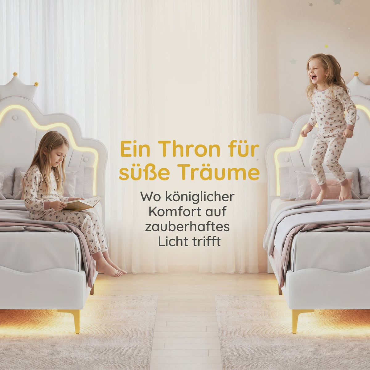 Prinsessen Hemelbed Wit 90x200cm met LED Verlichting & Kroon - Meisjesbed