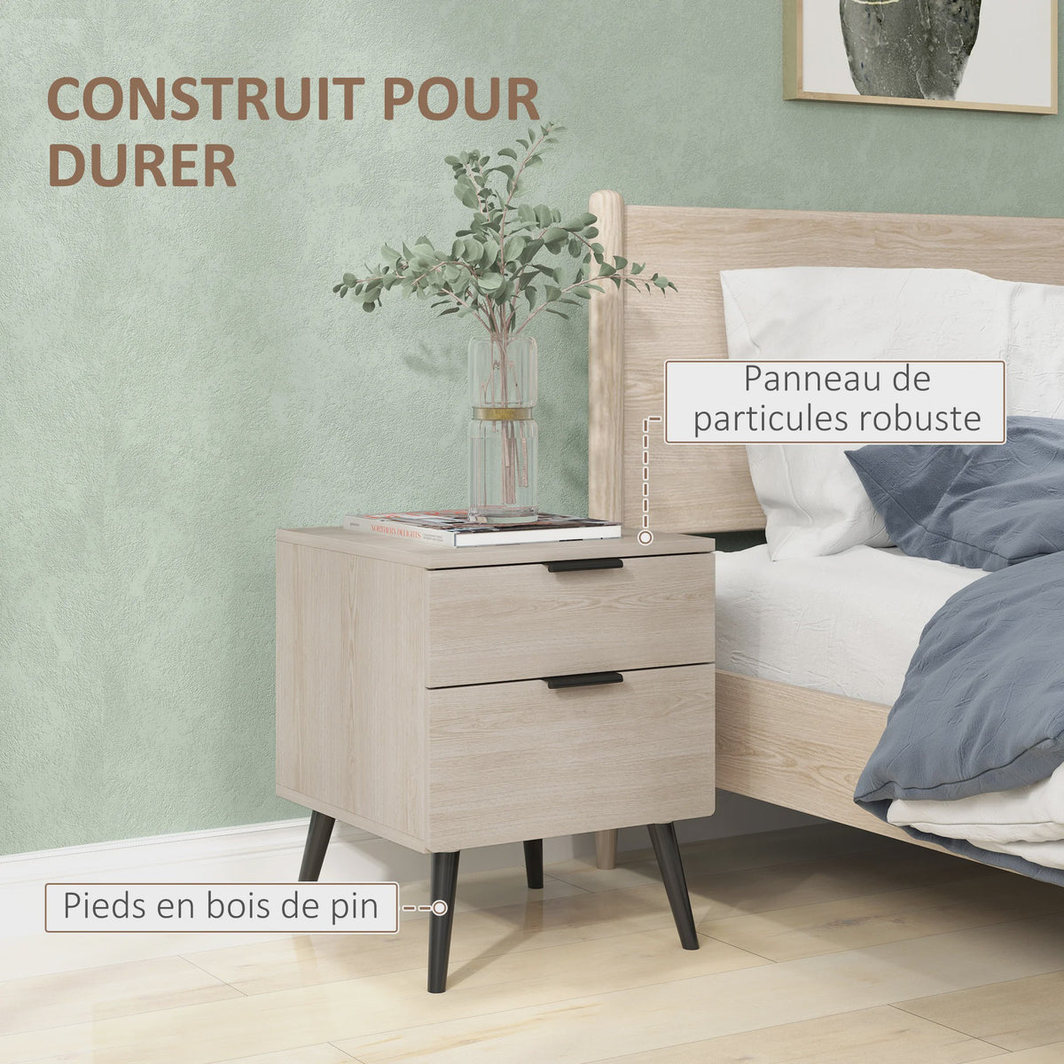 Set van 2 Nachtkastjes in Scandinavische Stijl - Modern Design met Lades en Houten Poten