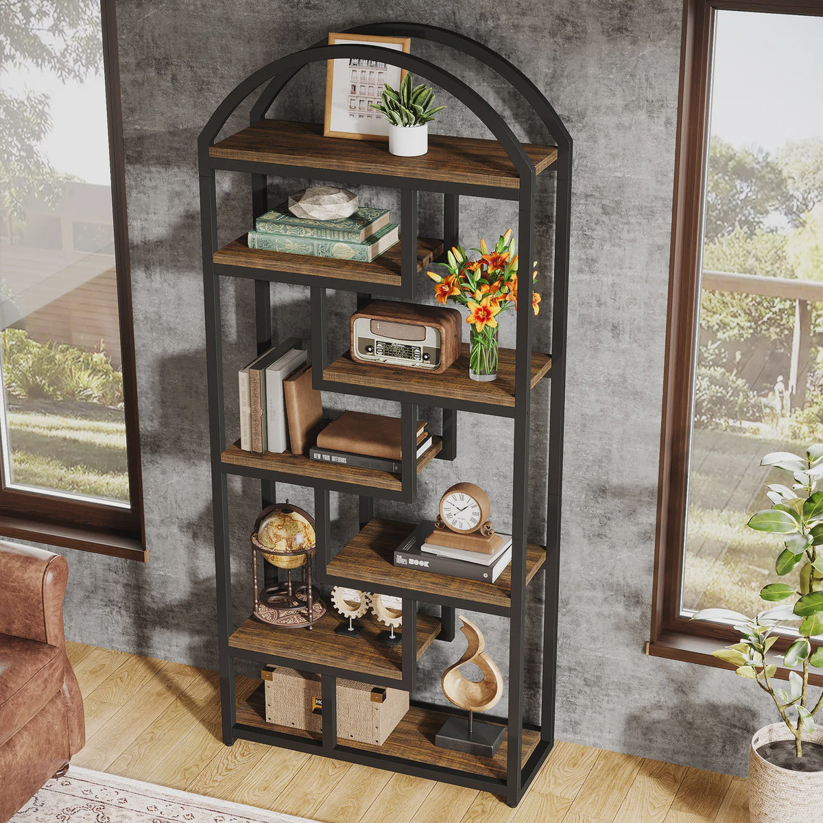 Industriële Boekenkast 71 inch Hoog met Boogvormig Design en Open Vakken - Stijlvolle Opbergoplossing
