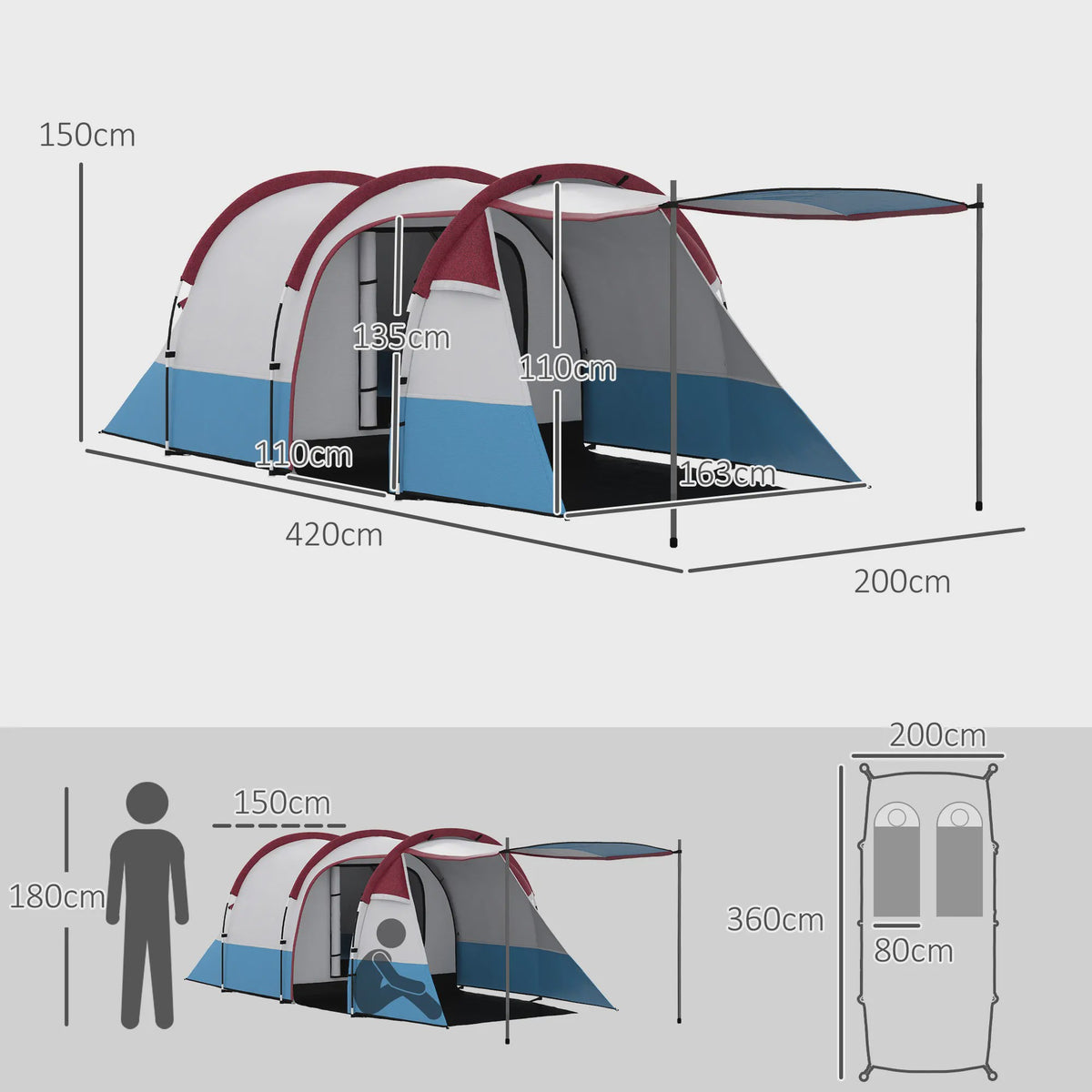 Outsunny Tunnel Tent voor 2 Personen met Luifel - Ideaal voor Camping & Tuin