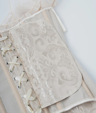 Beige Jacquard Off-Shoulder Corset Top met Ruches en Vetersluiting - Feestelijk & Chic