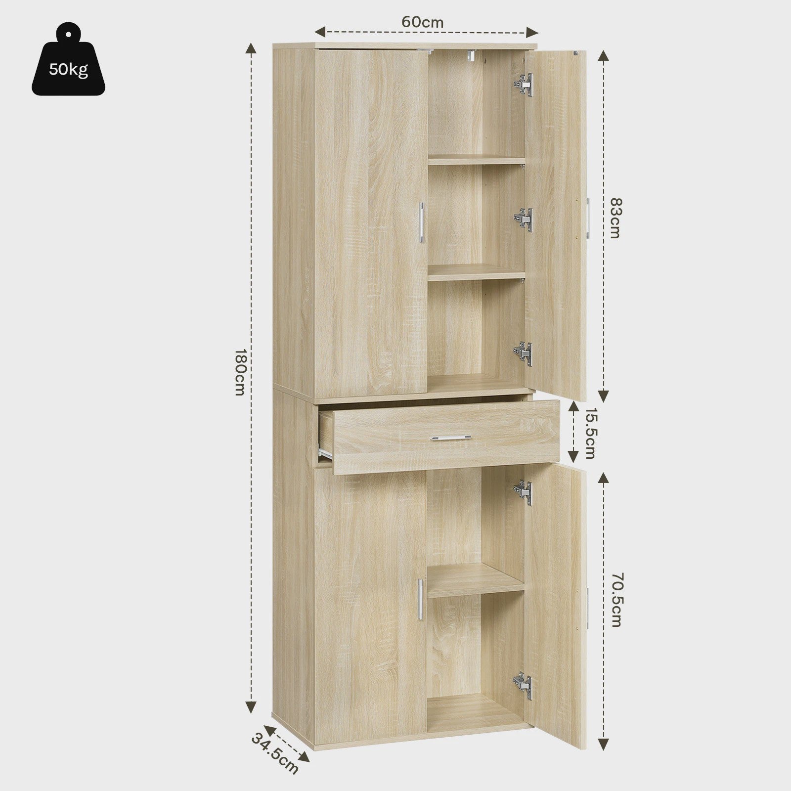 Hoge Archiefkast met Deuren en Lade - 60x180x34cm - Kantoor & Keuken Opbergmeubel