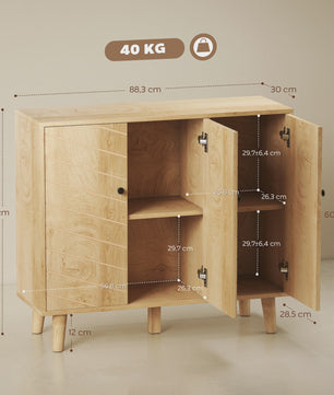 HOMCOM Buffetkast met 3 Deuren, Visgraatmotief en Houten Poten - Natuurlijk Hout, 88x30x76cm