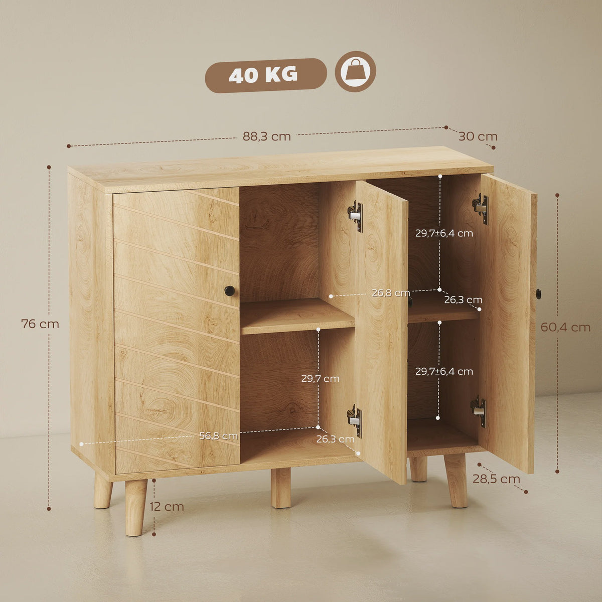 HOMCOM Buffetkast met 3 Deuren, Visgraatmotief en Houten Poten - Natuurlijk Hout, 88x30x76cm