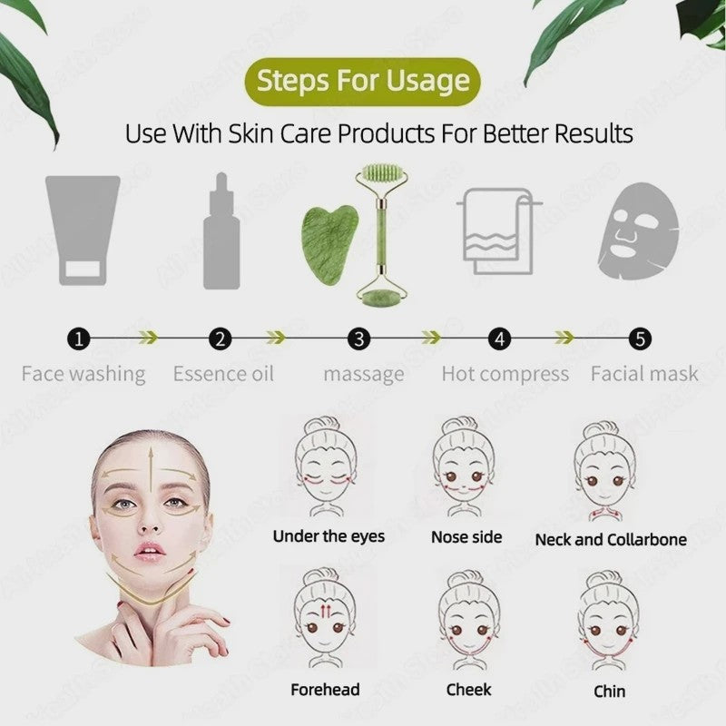 Gua Sha Jade Roller & Schraper Set - Gezichts- en Lichaamsmassage voor Huidverbetering