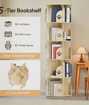 White Rotating Bookcase Storage 5-Tier Book Shelf 20 Compartments for Living Room Office Children's Room Organizer Decoration