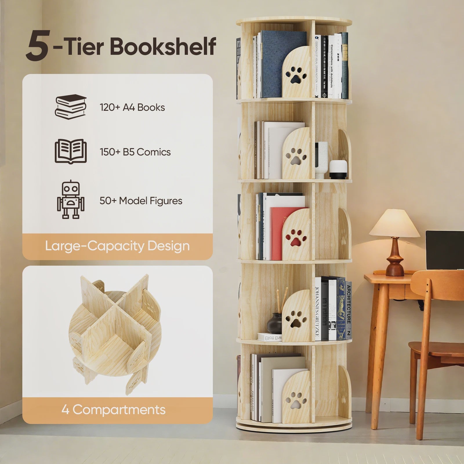 White Rotating Bookcase Storage 5-Tier Book Shelf 20 Compartments for Living Room Office Children's Room Organizer Decoration