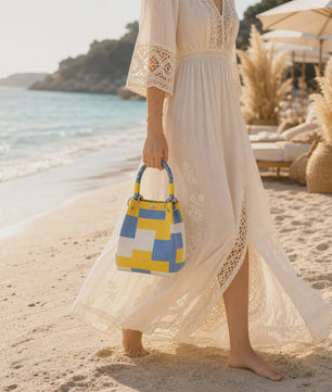 Mini Gebreide Bucket Bag Dames - Kleurrijk Colorblock Polstasje met Afneembare Handgreep