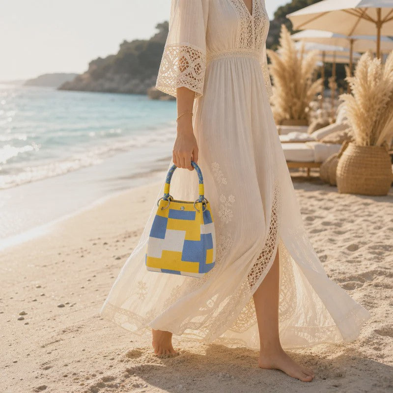 Mini Gebreide Bucket Bag Dames - Kleurrijk Colorblock Polstasje met Afneembare Handgreep