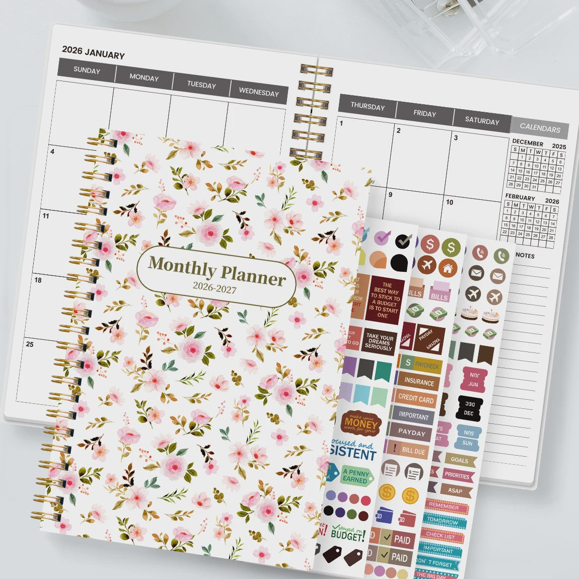 Bloemen A5 Planner 2026-2027: Week & Maand Overzicht, Spiraalbinding, Notities & Agenda