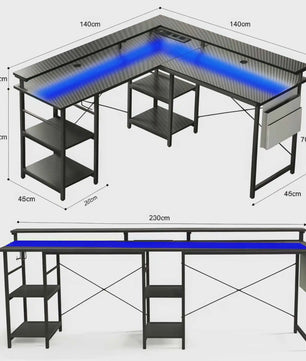 L-vormige Gaming Bureau met RGB LED Verlichting, Geïntegreerde Stopcontacten en 4 Verstelbare Planken