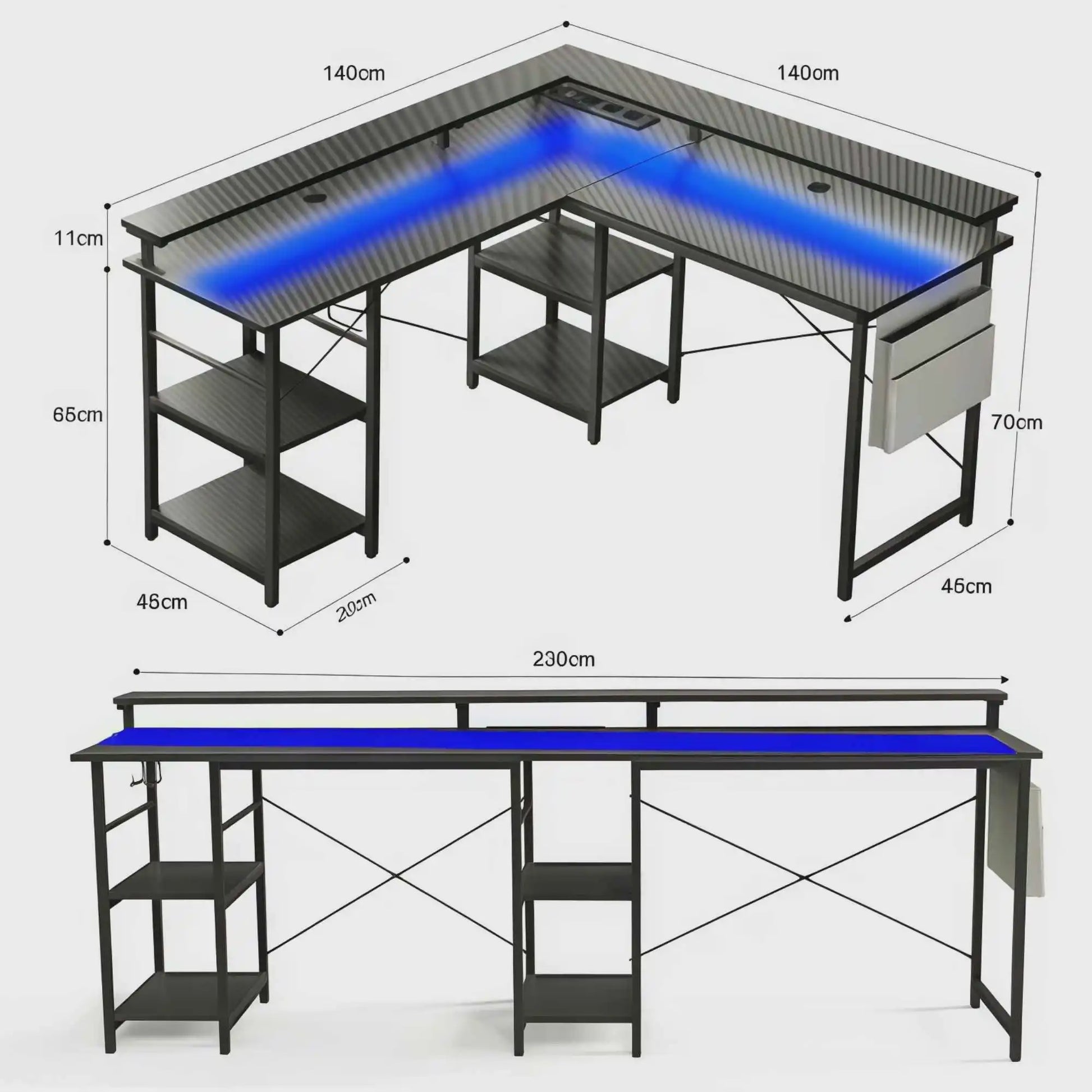 L-vormige Gaming Bureau met RGB LED Verlichting, Geïntegreerde Stopcontacten en 4 Verstelbare Planken