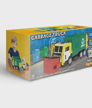 Grote Vuilniswagen Speelgoed met Frictie, Geluid & Lichtjes - Inclusief Vuilnisbakken