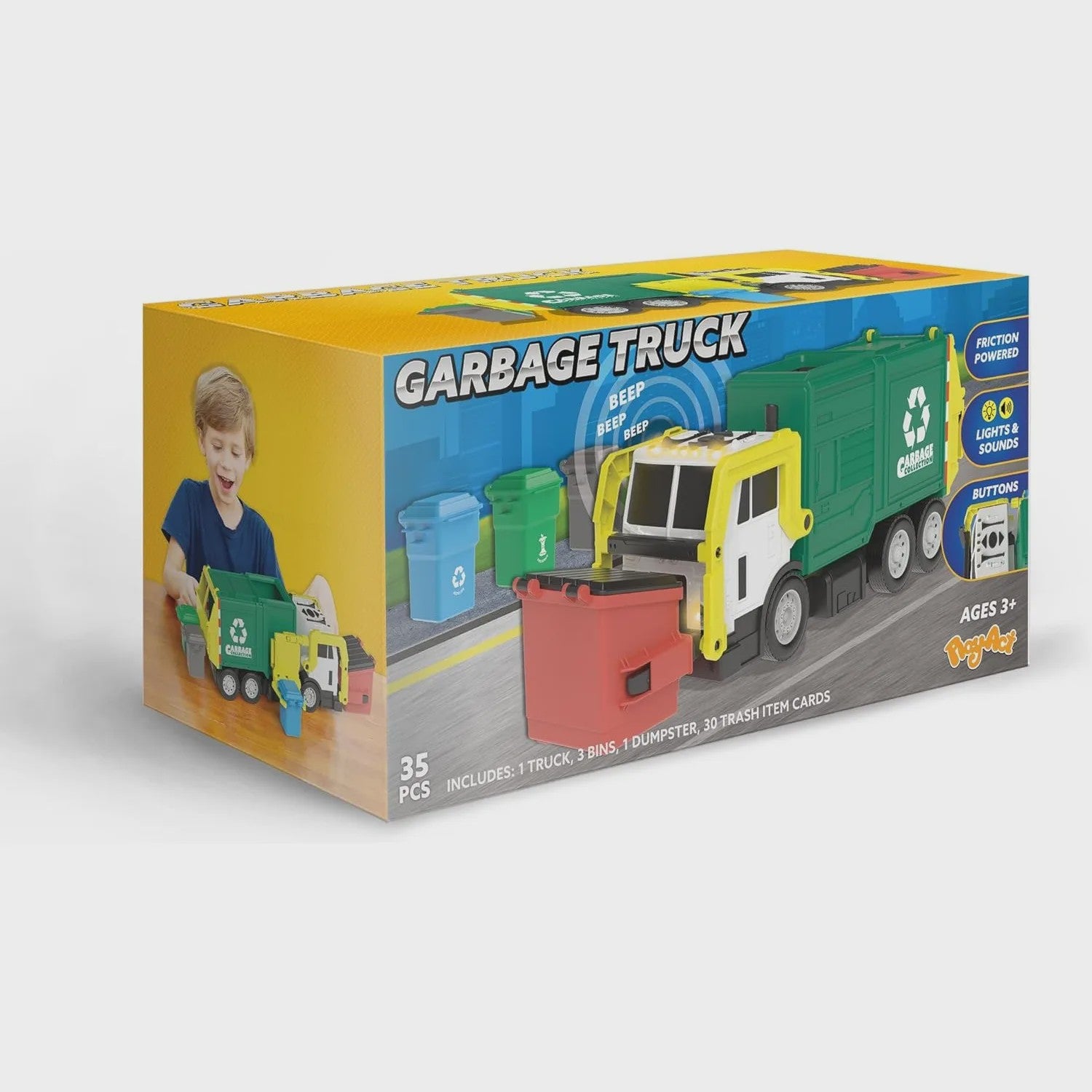 Grote Vuilniswagen Speelgoed met Frictie, Geluid & Lichtjes - Inclusief Vuilnisbakken