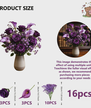Kunstboeket Paarse Rozen, Calla Lelies & Gipsenkruid - 16 Stuks
