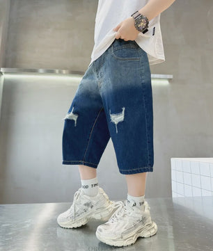 Stoere Denim Shorts voor Jongens | Zomerse Capri Broek met Gradient Kleur & Ripped Details | 5-14 Jaar