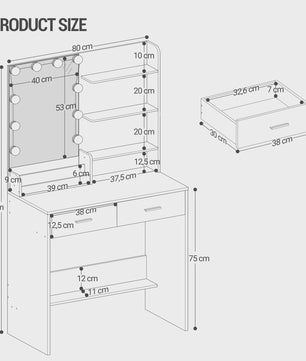 Kaptafel met LED Verlichting, Spiegel en 2 Lades - Ideaal Make-up Station