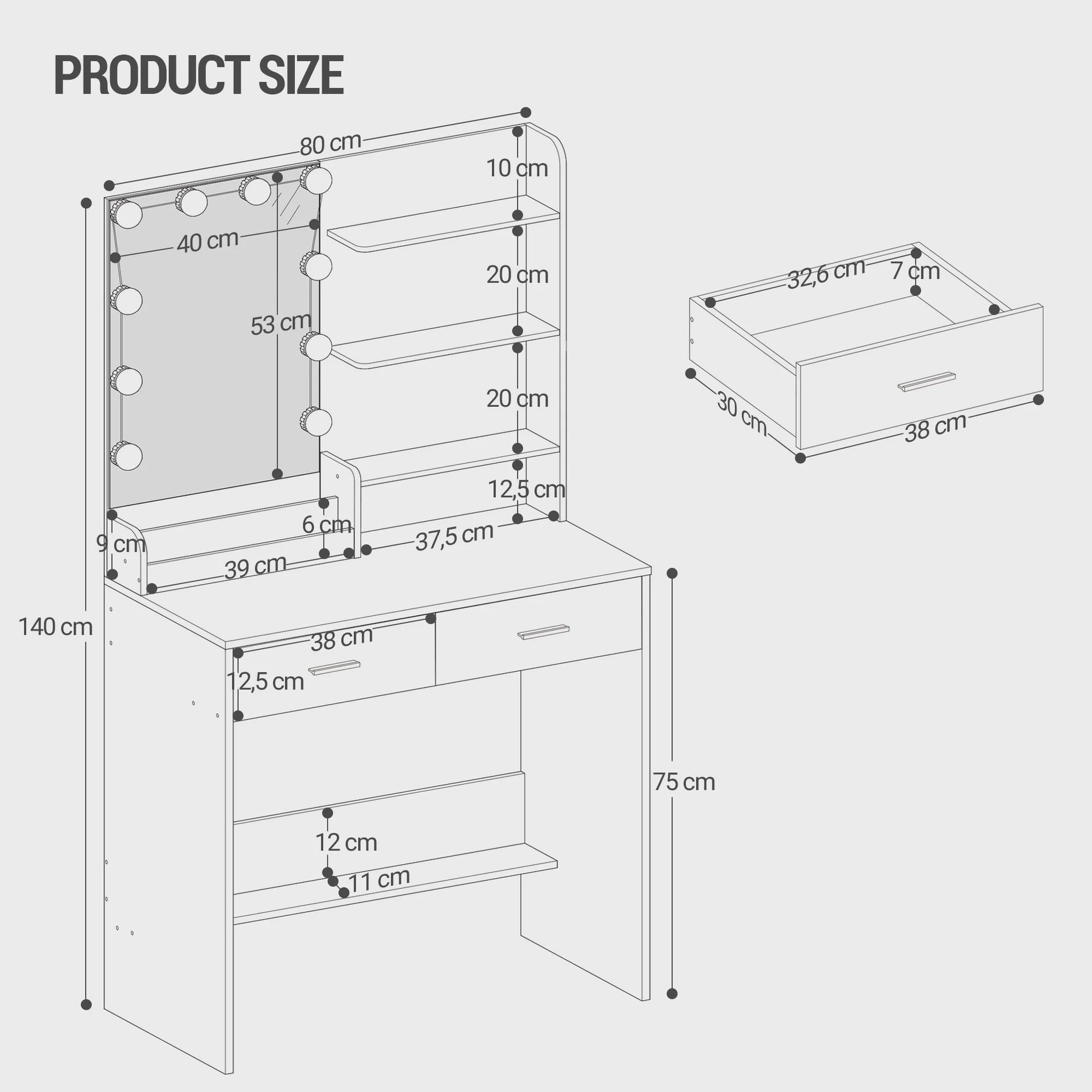 Kaptafel met LED Verlichting, Spiegel en 2 Lades - Ideaal Make-up Station