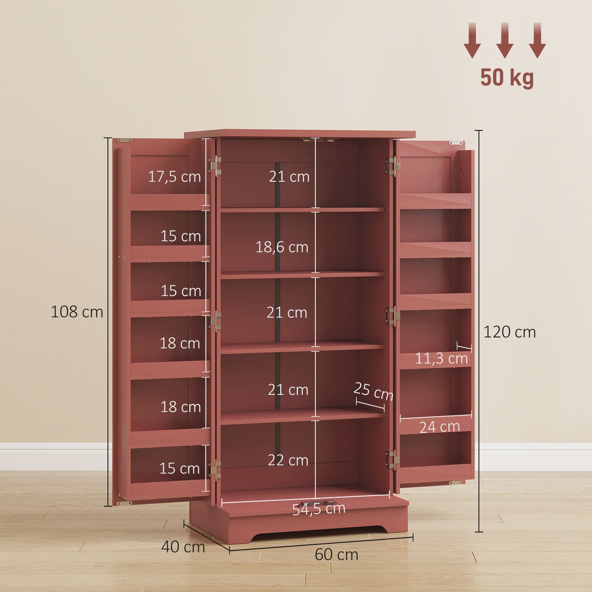 HOMCOM Keuken Dressoir Kast met 5 Niveaus, Deuren en Verstelbare Planken - 60x40x120 cm - Rode Houtnerf