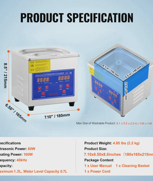 1.3L Ultrasone Reiniger met Digitale Timer - Krachtige & Draagbare Ultrasone Schoonmaakmachine voor Sieraden, Brillen & Meer
