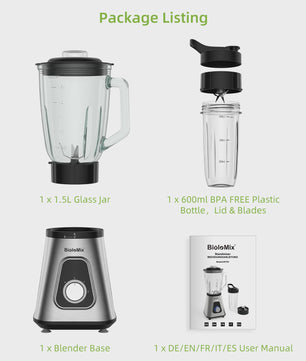 BioloMix Krachtige Blender 1300W met Glazen Kan (1.5L) - Perfect voor Smoothies & Sauzen