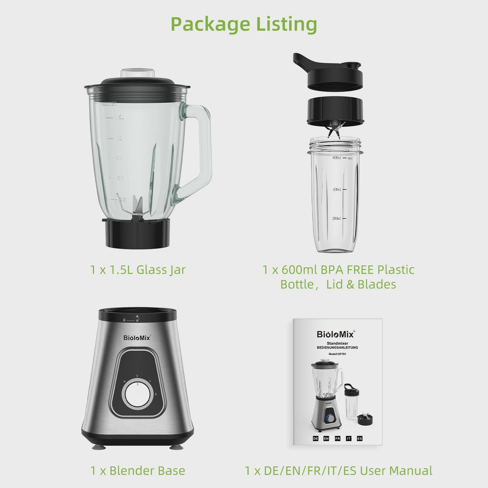 BioloMix Krachtige Blender 1300W met Glazen Kan (1.5L) - Perfect voor Smoothies & Sauzen