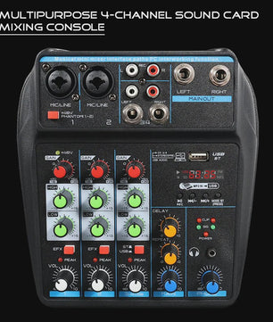 4-Kanaals DJ Mixer Console met Bluetooth, USB en 48V Fantoomvoeding
