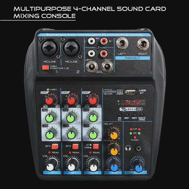 4-Kanaals DJ Mixer Console met Bluetooth, USB en 48V Fantoomvoeding