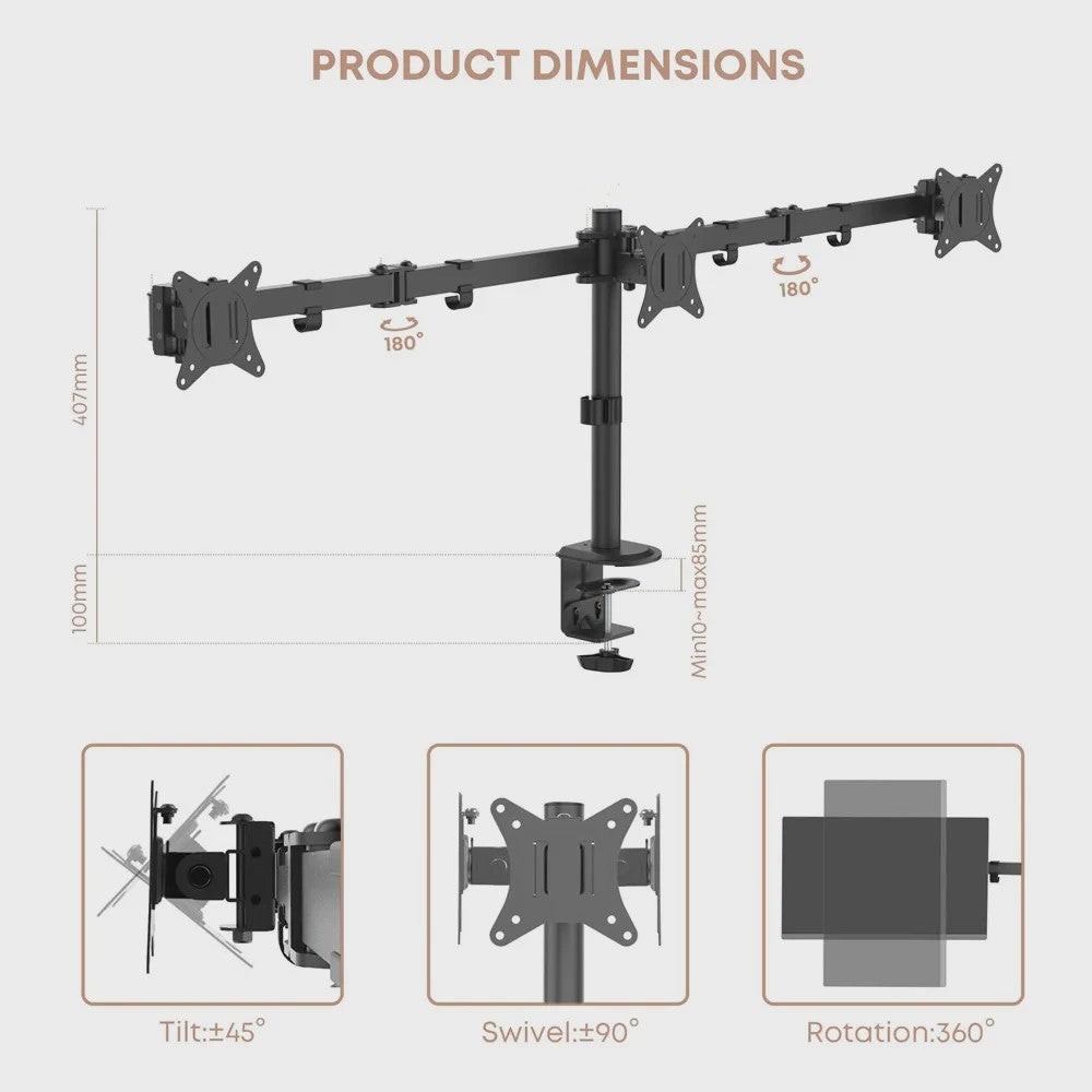 Drievoudige Monitor Bureau Mount - Verstelbare Arm voor 3 Schermen (13-27 inch)