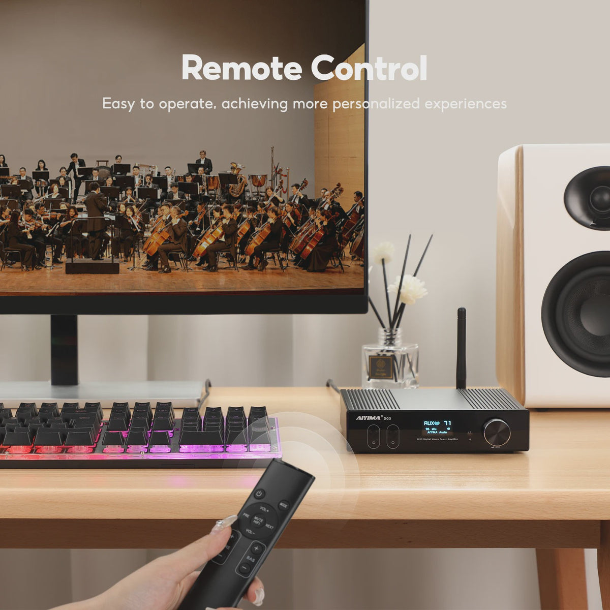 AIYIMA D03 Bluetooth 5.2 Versterker 2x150W RMS met Subwoofer Uitgang, USB DAC & OLED Display