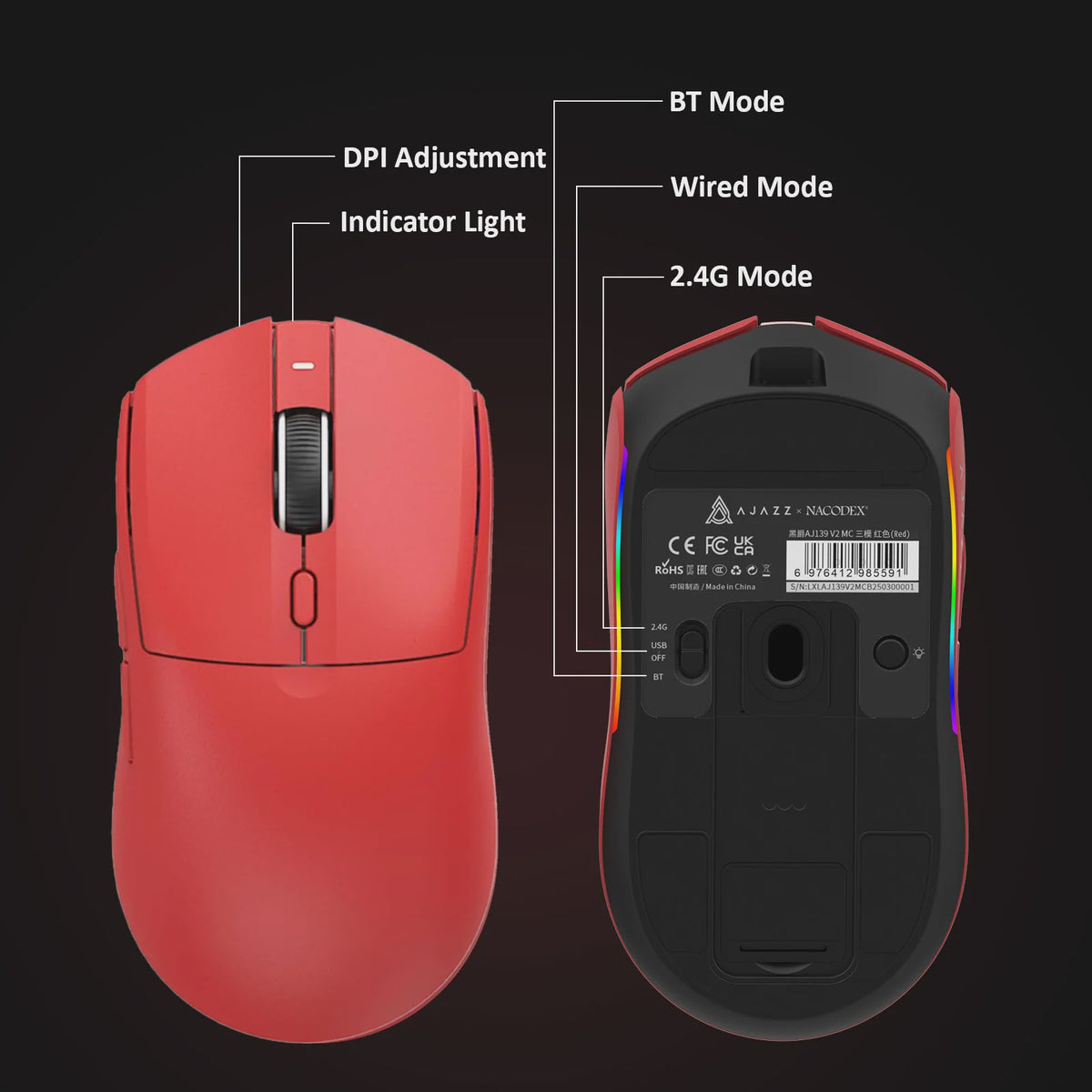 AJAZZ AJ139 V2 MC Ergonomische Gaming Muis - Lichtgewicht, Hoge Nauwkeurigheid & Tri-Mode Connectiviteit