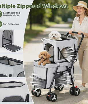 3-in-1 Hondenbuggy met 2 Niveaus - Draagbaar, Opvouwbaar & Veilig - Grijs