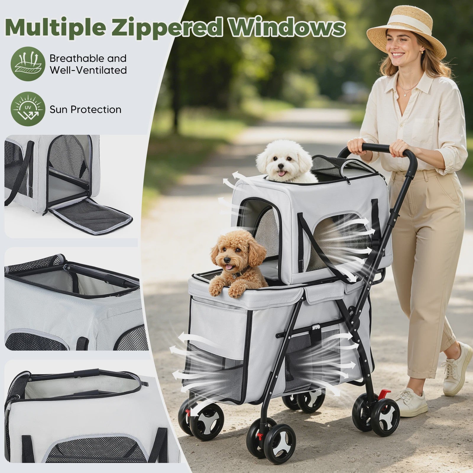 3-in-1 Hondenbuggy met 2 Niveaus - Draagbaar, Opvouwbaar & Veilig - Grijs