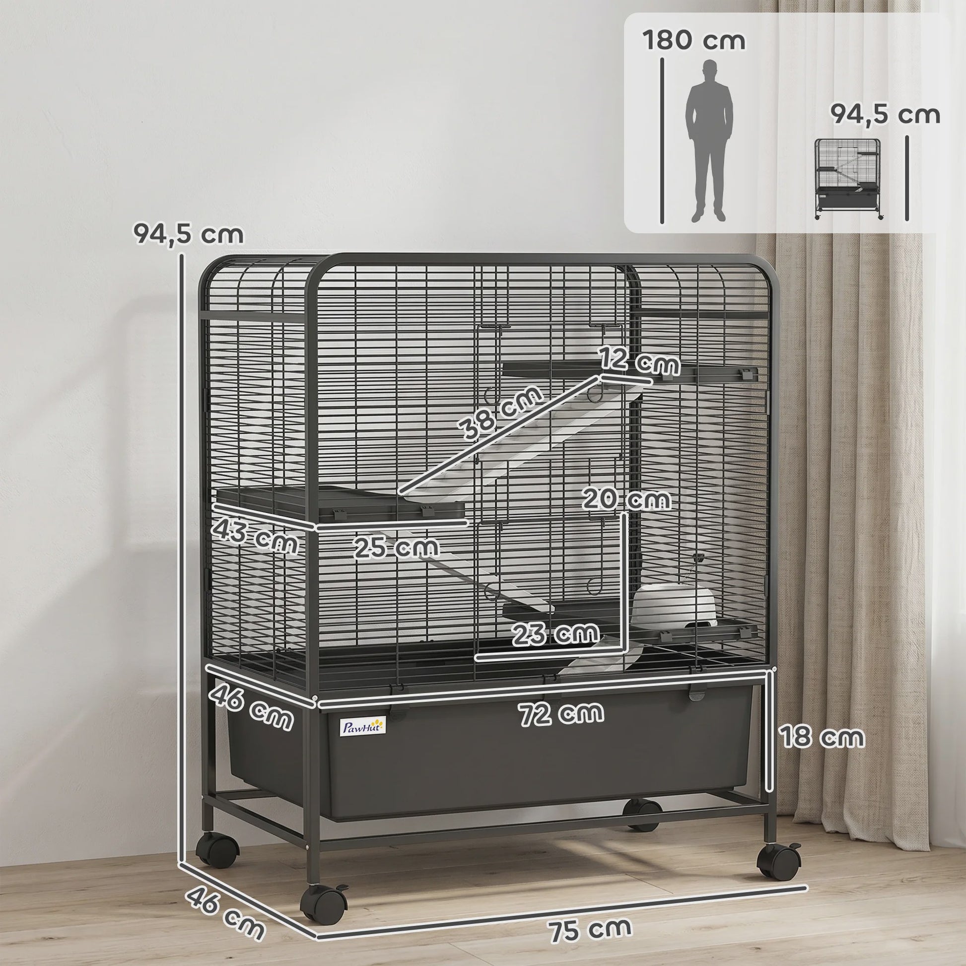 Ruime Knaagdierenkooi op Wielen met 4 Niveaus, 3 Platforms, 3 Hellingsbanen & Waterfles - Zwart