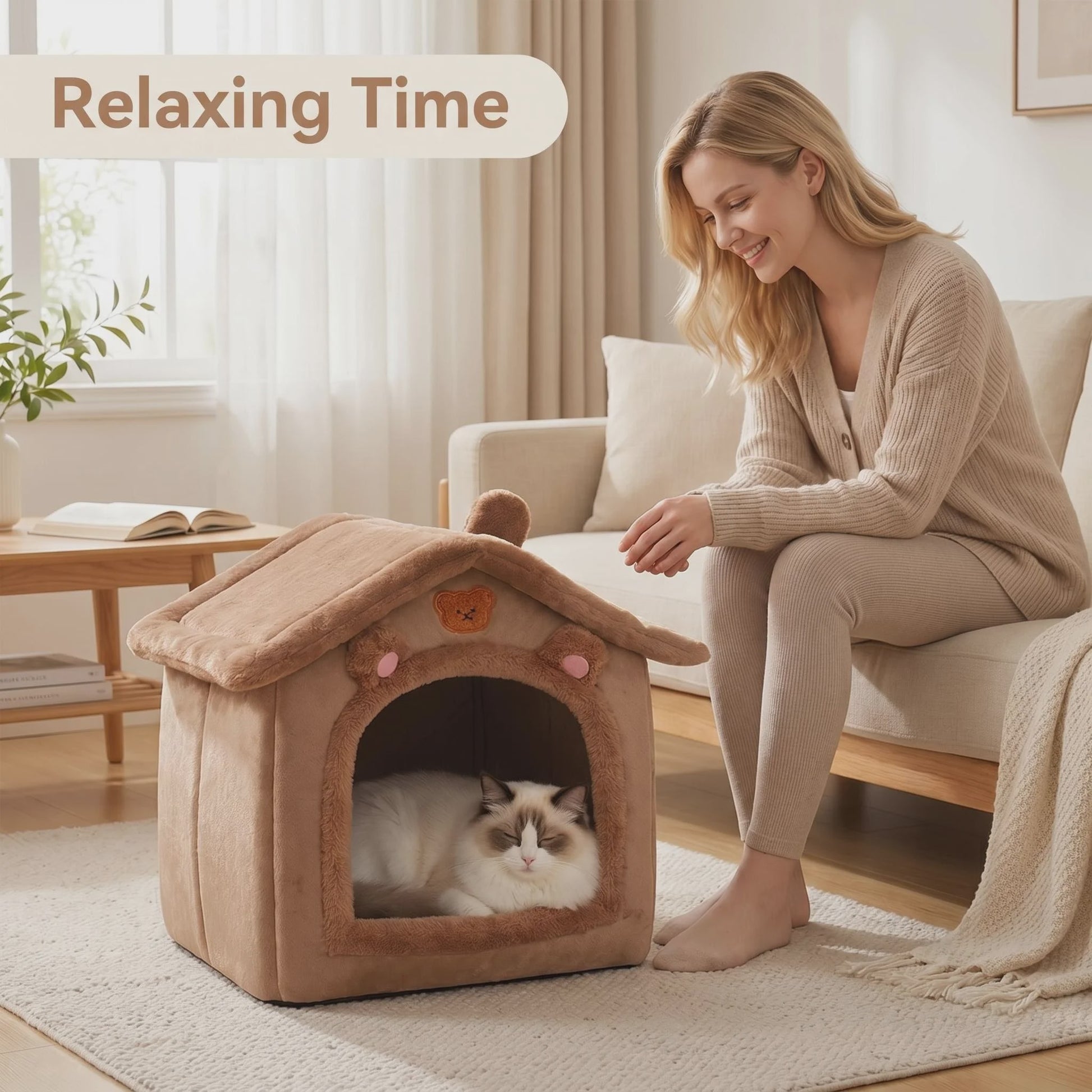 Zacht & Warm Beer-Huisje Bed voor Katten en Kleine Honden - Wasbaar & Antislip