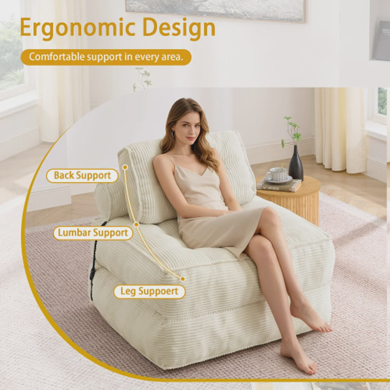 2-in-1 Beige Ribstof Fauteuil en Slaapbank - Multifunctioneel en Opvouwbaar