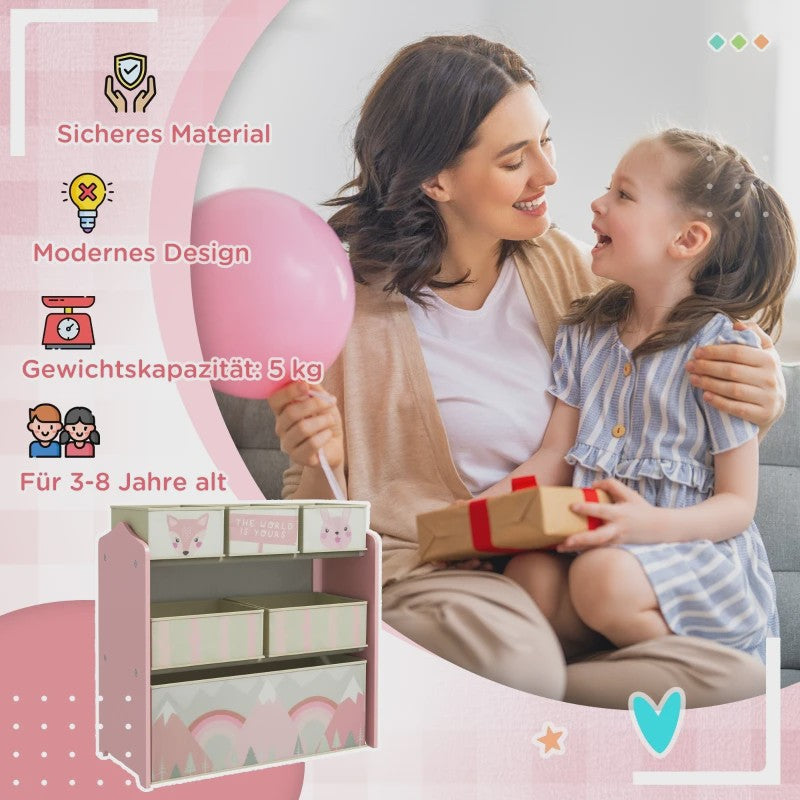 Roze Kinder Kledingkast met 6 Stoffen Opbergdozen - Schattige Motieven